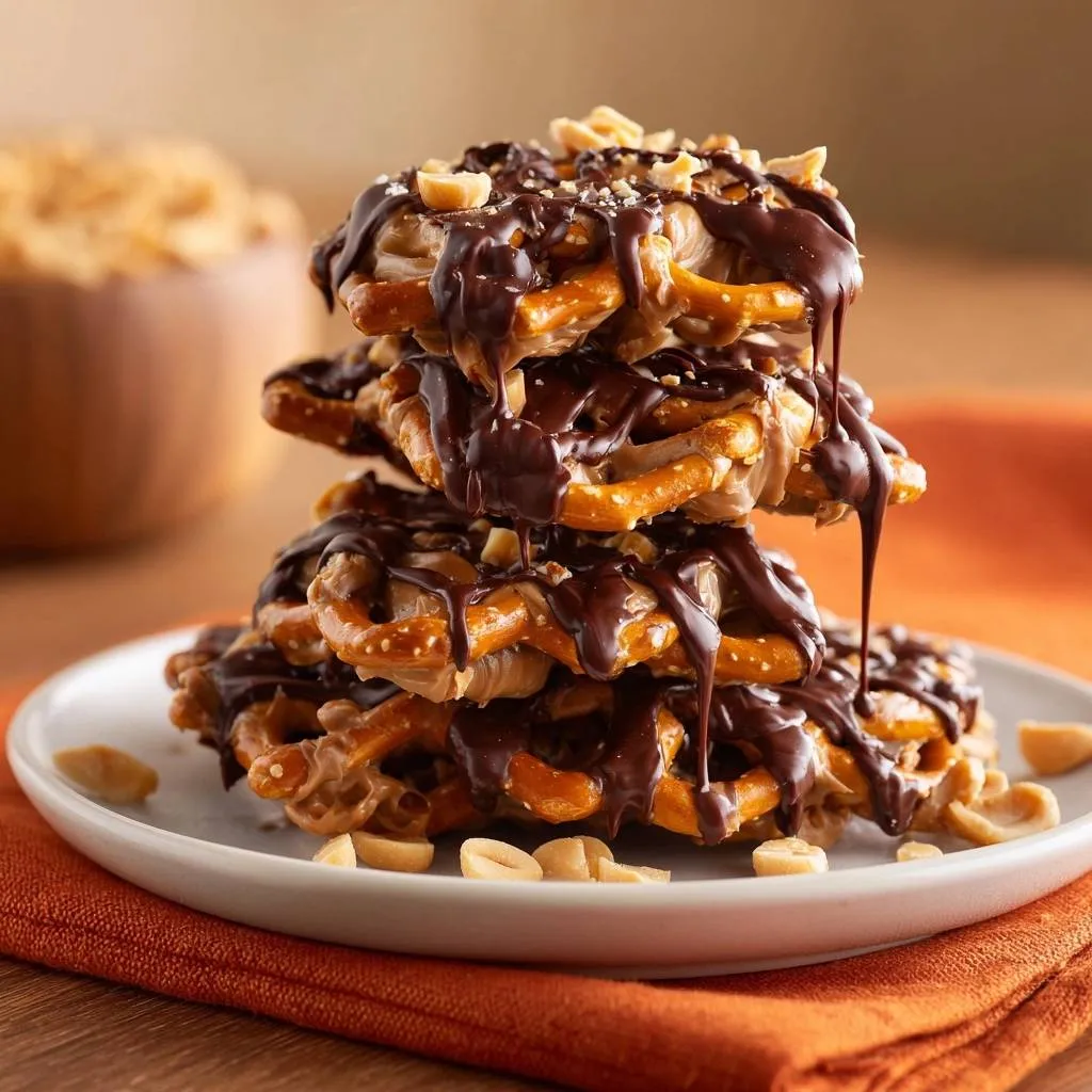 Crunchy peanut pretzel toffee bark stacked high and drizzled with chocolate, showing a close-up view of the layers.