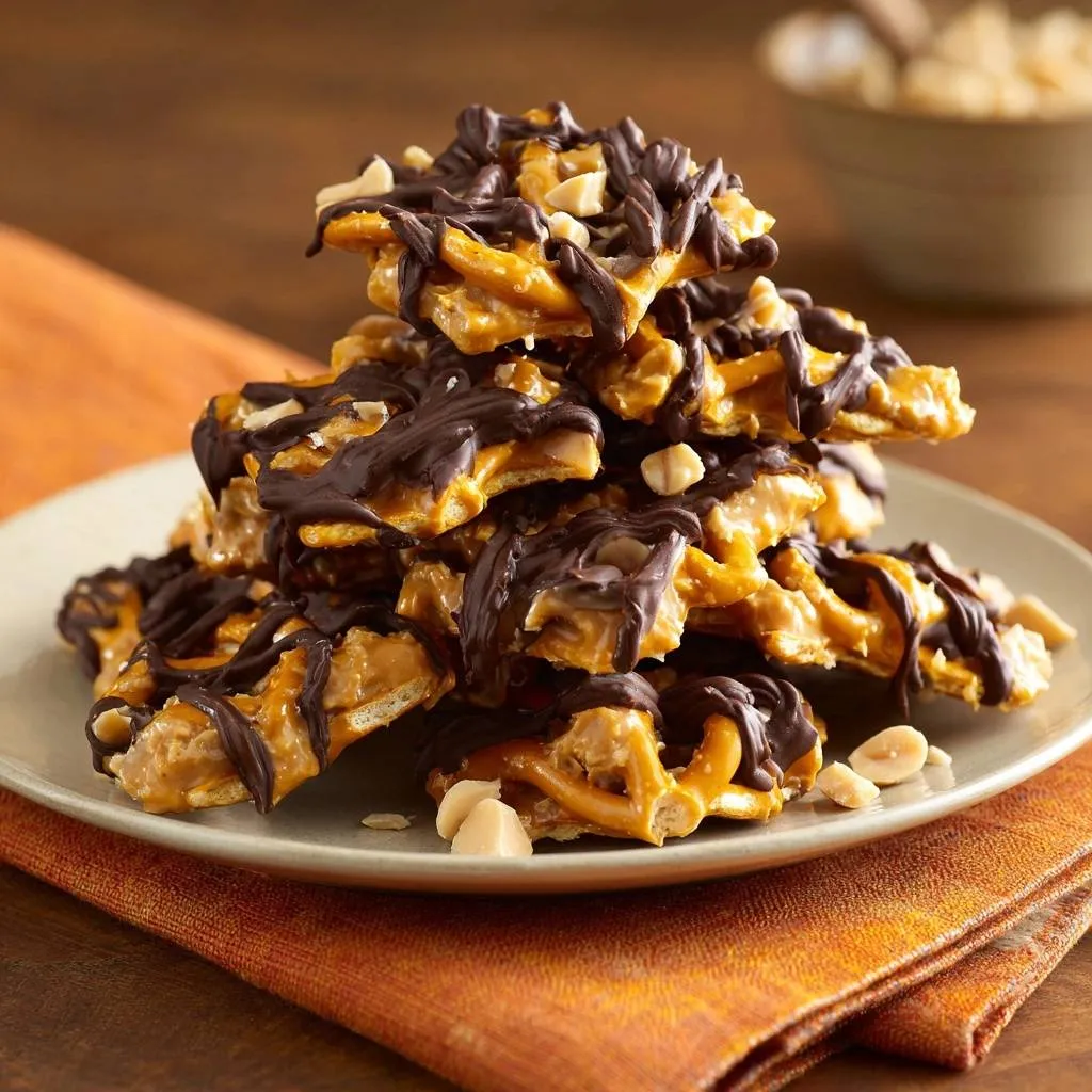 Crunchy peanut pretzel toffee bark stacked high on a plate and drizzled with chocolate.