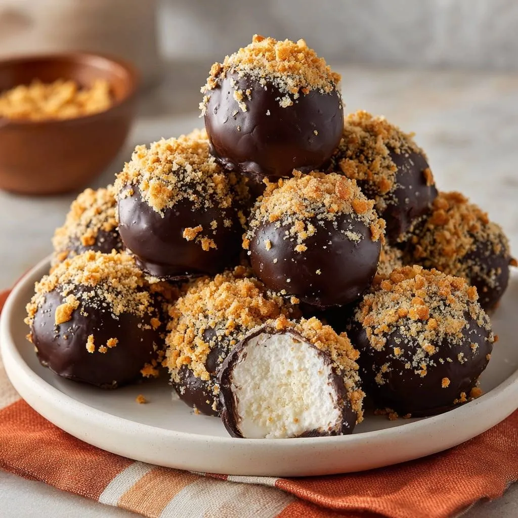 Crunchy S’mores Balls, with a close-up cross-section revealing the fluffy marshmallow center.