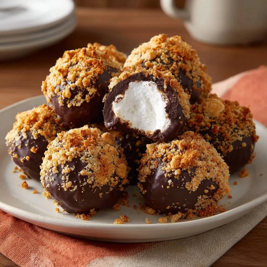 Crunchy S'mores Balls featuring a close-up cross-section revealing the marshmallow filling.