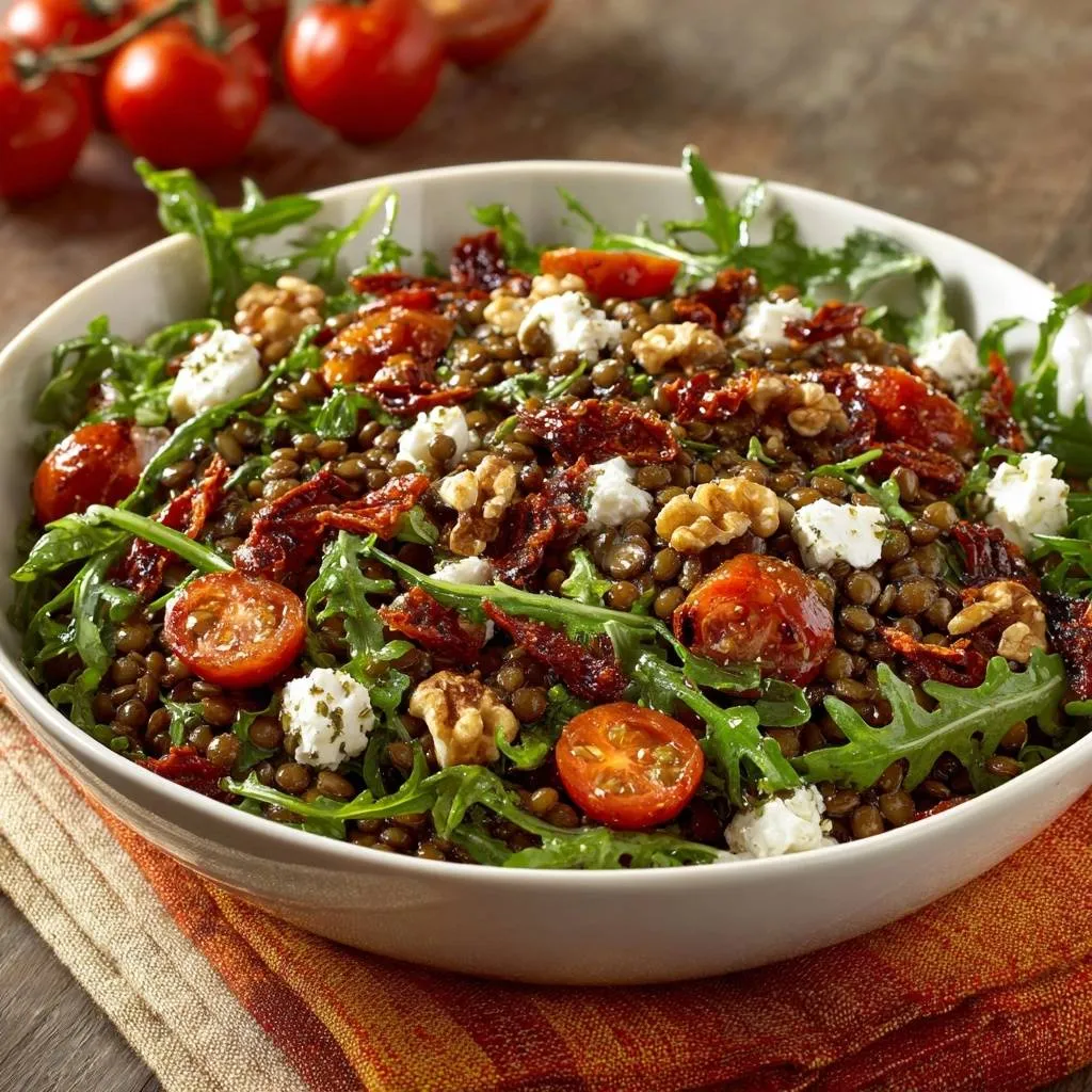 Crunchy Walnut Lentil Arugula Salad is presented in a close-up view of a white bowl filled with the ingredients.
