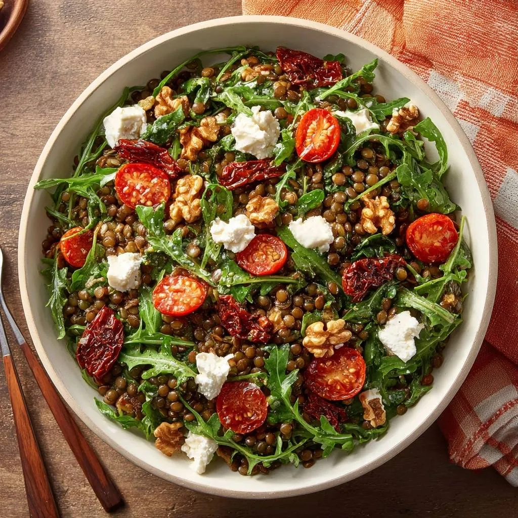 Crunchy walnut lentil arugula salad recipe presented in a large white bowl, viewed from directly overhead.