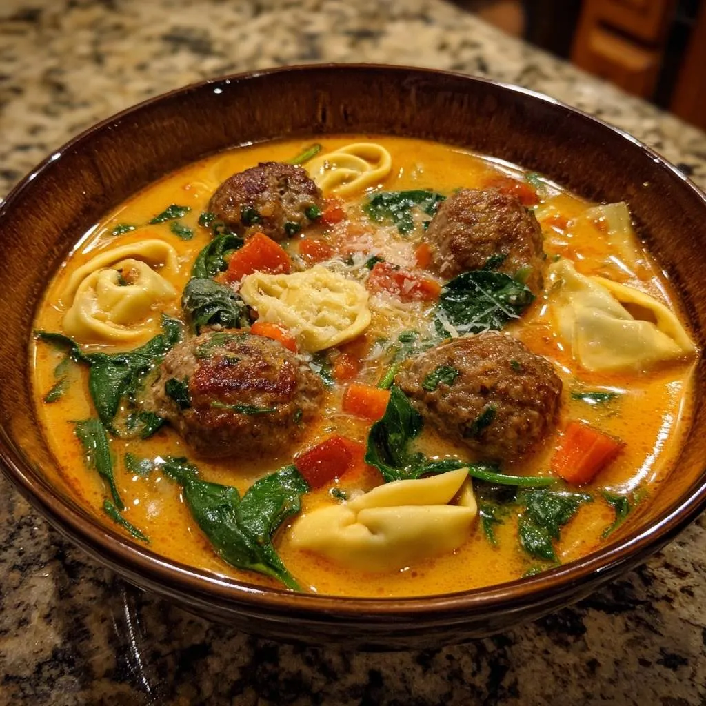 Curry tortellini meatball soup in a rustic bowl, showcasing tender meatballs, pasta, and vibrant vegetables.