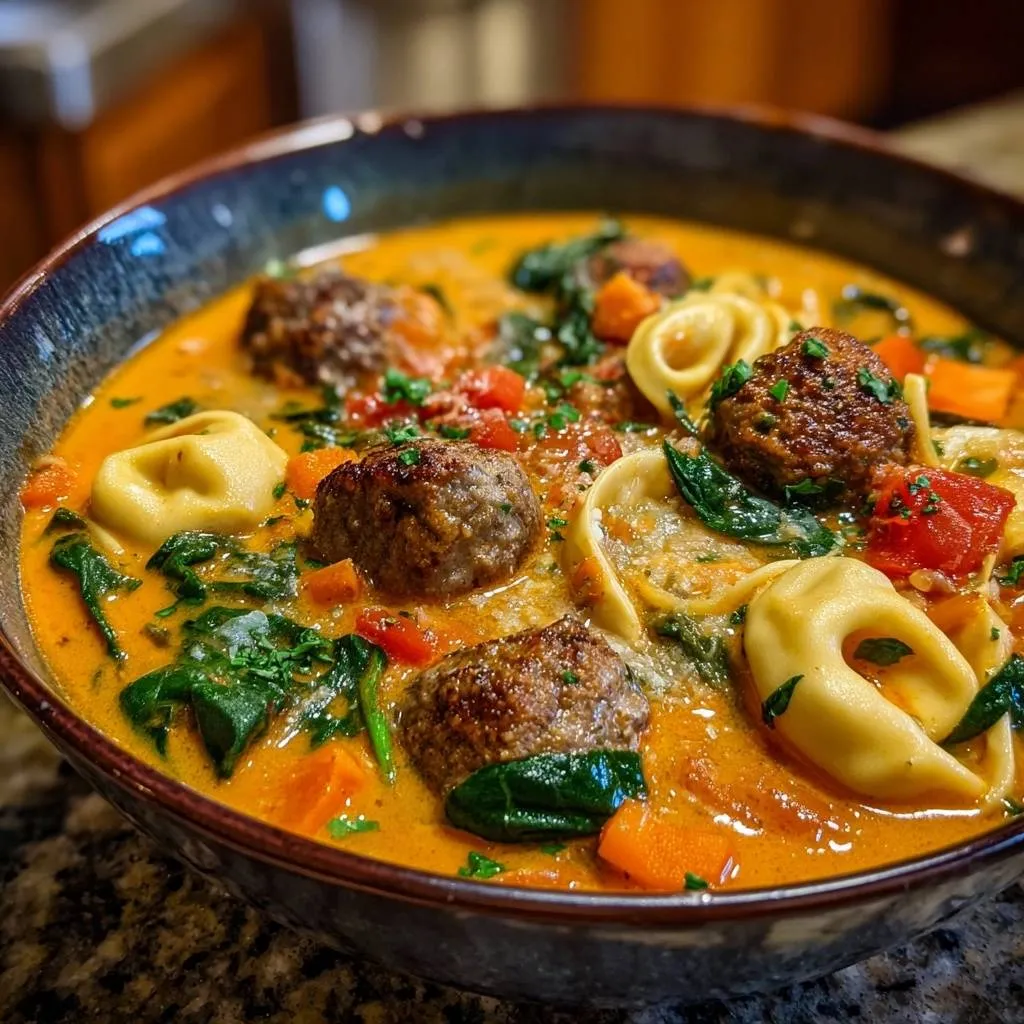 Curry tortellini meatball soup served in a dark bowl, showcasing meatballs, tortellini, and spinach in a creamy broth.