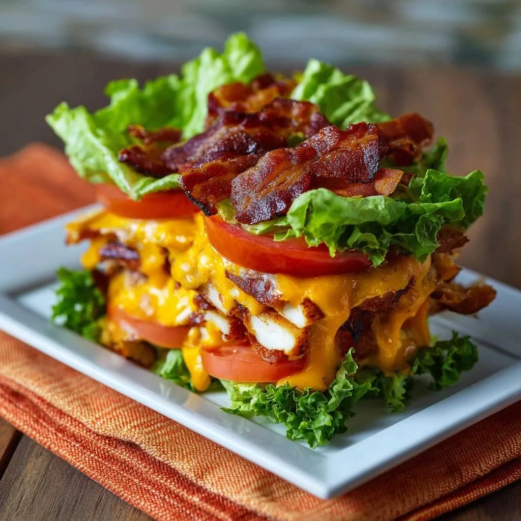 Double Decker Chicken Bacon Club plated with a side view showcasing layers of chicken, bacon, cheese, and lettuce.