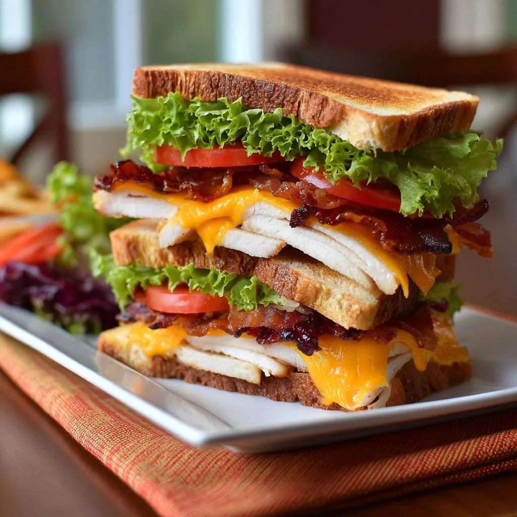 Double Decker Chicken Bacon Club shown in a stacked cross-section with melted cheese and crisp bacon.