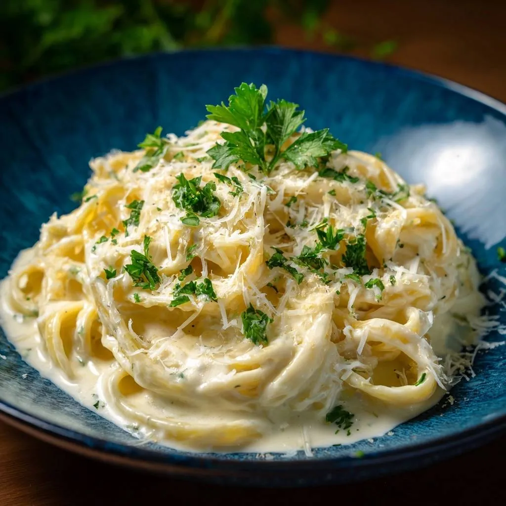 Fettuccine Alfredo with silky emulsified sauce, showcasing a close-up of the creamy sauce and grated Parmesan cheese garnish.