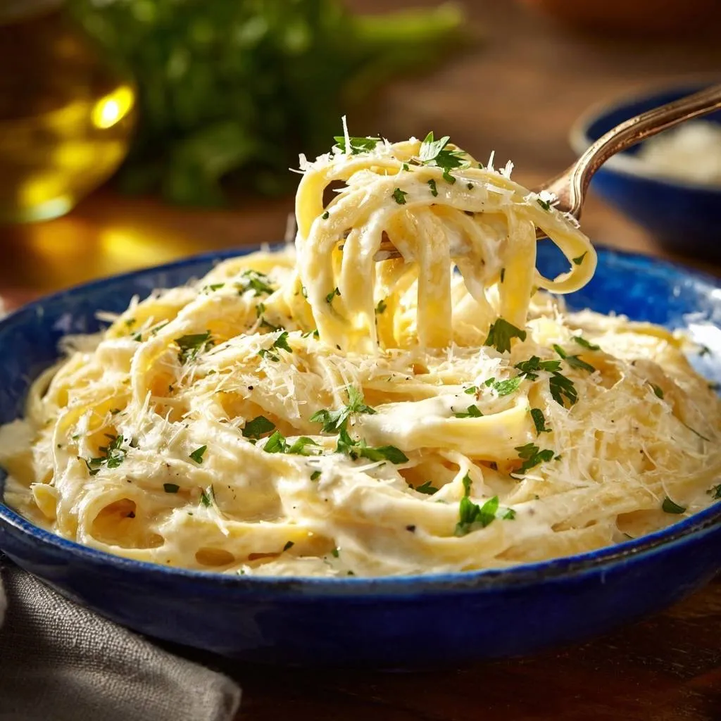 Fettuccine Alfredo with silky emulsified sauce, captured as a fork lifts a generous portion of pasta.