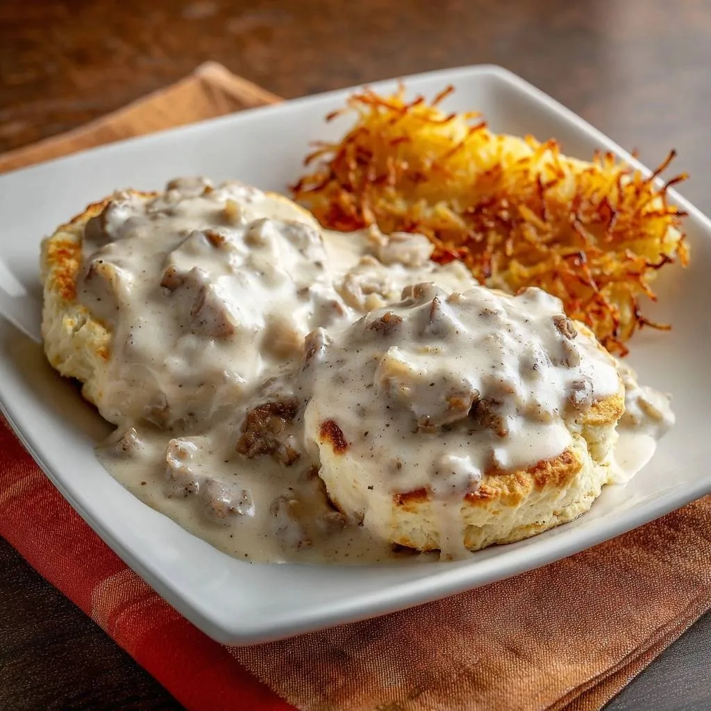 Fluffy biscuits and sausage gravy with crispy hash browns served on a white plate, a close-up view.