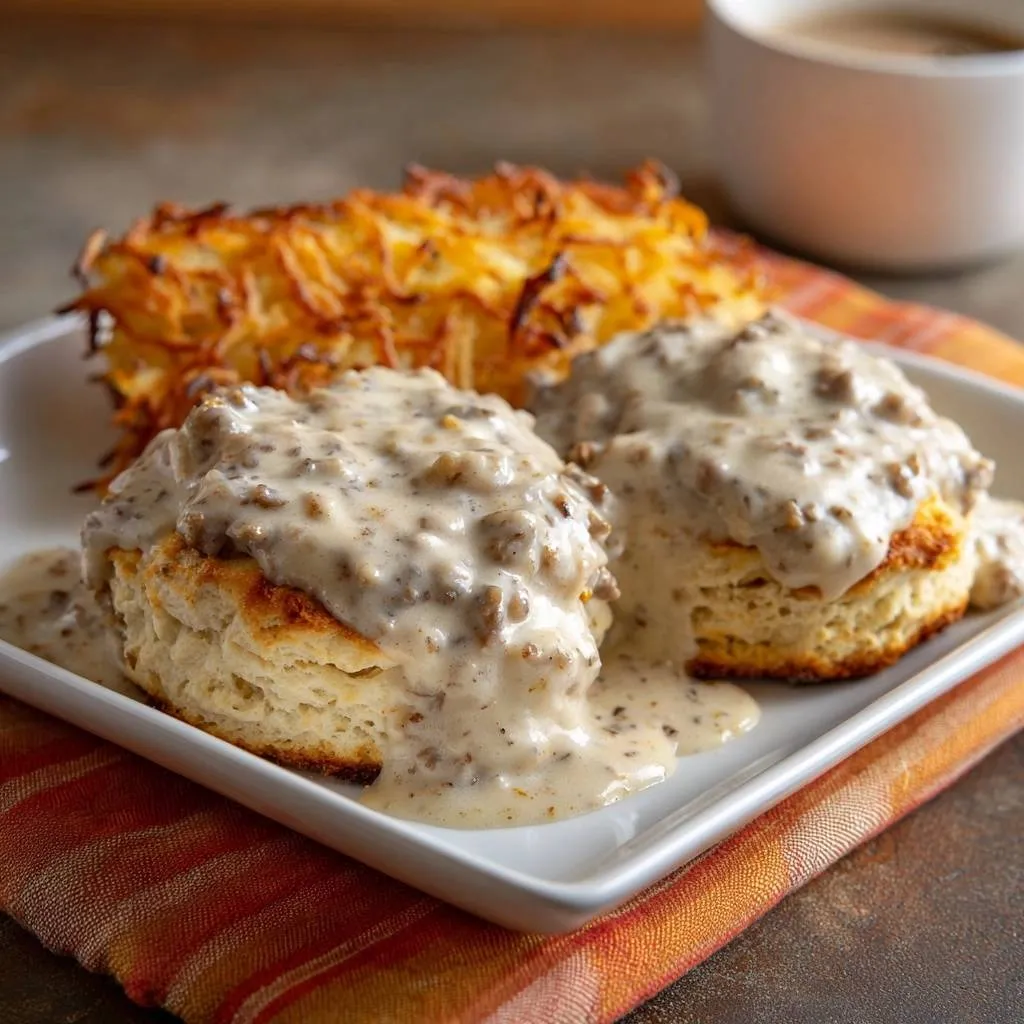 Fluffy biscuits and sausage gravy with crispy hash browns plated and served close-up on a white dish.