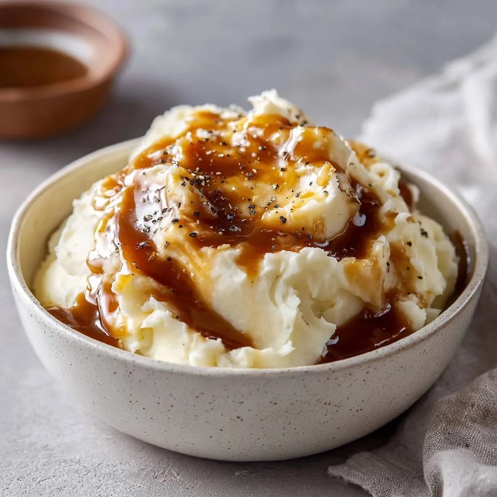 Fluffy mashed potatoes with gravy in a speckled bowl, showing a close-up detail of the rich gravy drizzle.