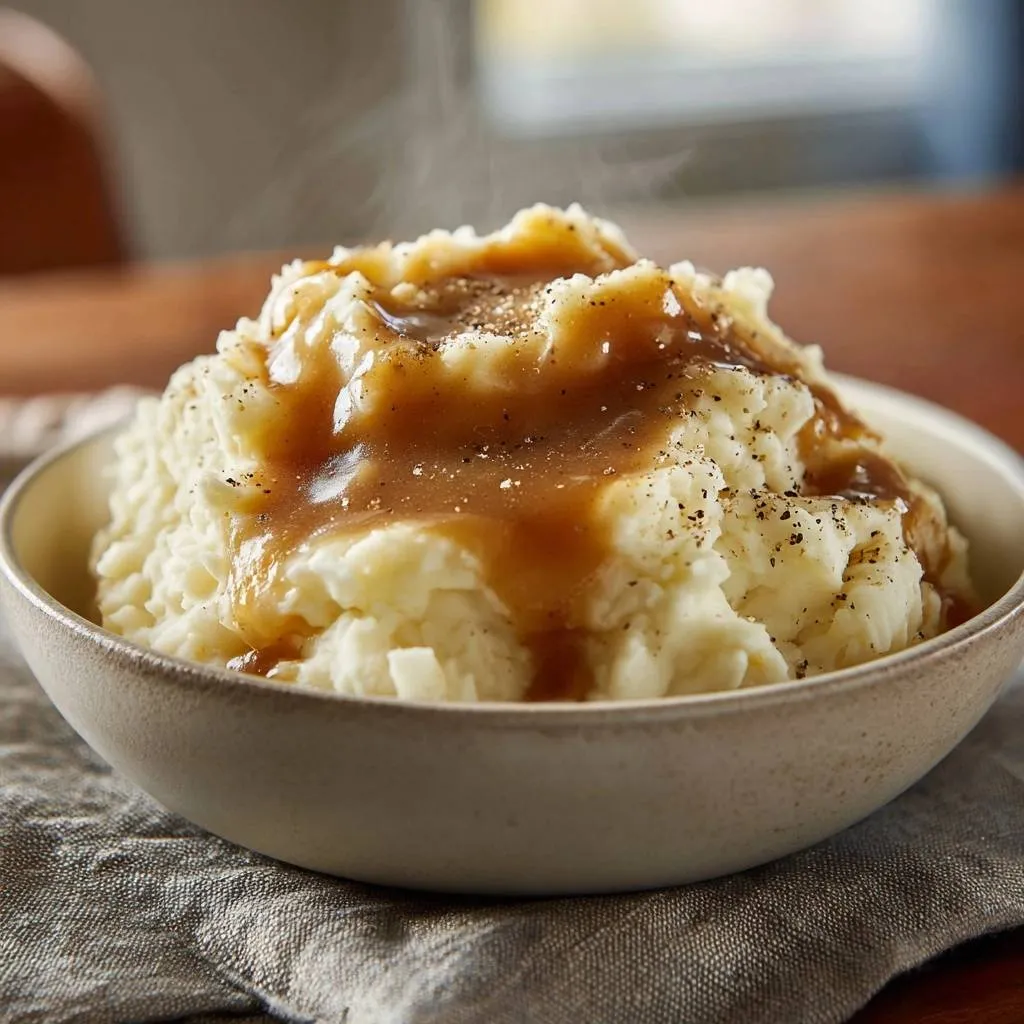 Fluffy mashed potatoes with gravy in a bowl, with steam rising from the hot dish.