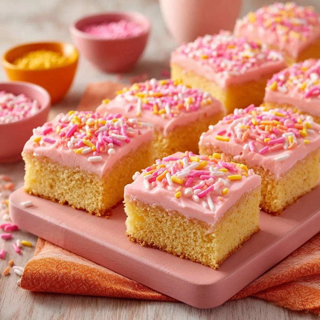 Fluffy pink sprinkle cake squares arranged attractively on a pink serving board with colorful sprinkles.