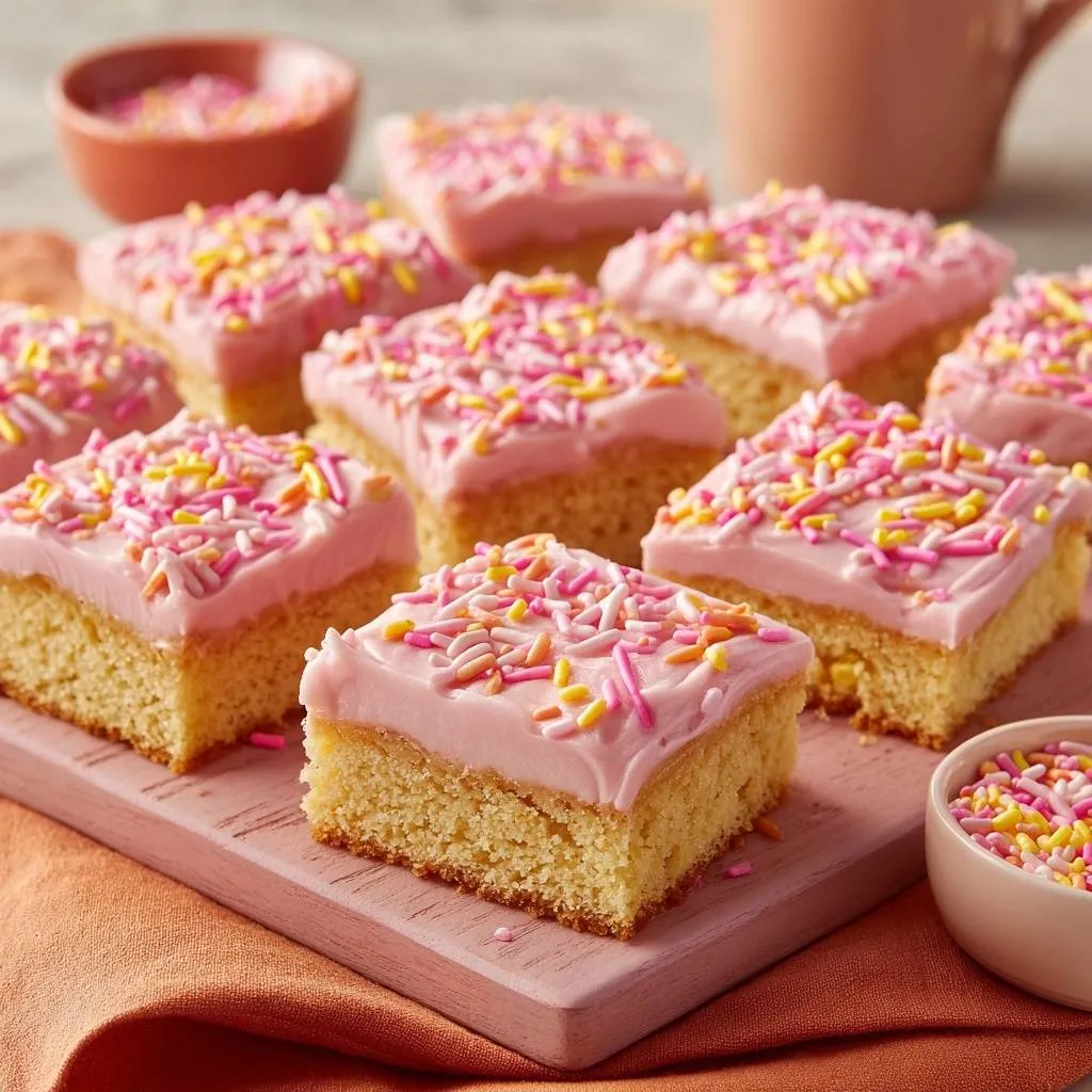 Fluffy pink sprinkle cake squares with pink frosting and colorful sprinkles, presented in a close-up side view on a pink board.