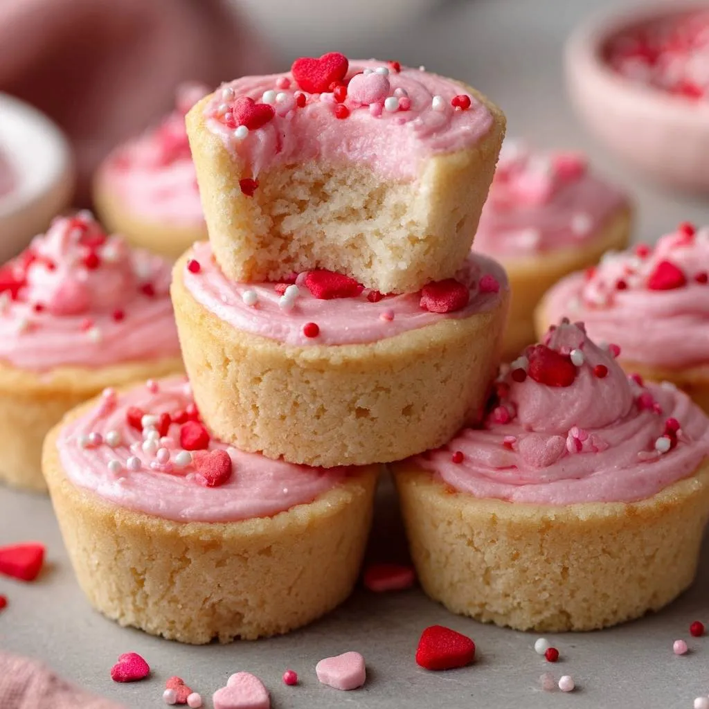 Fluffy Valentine cupcakes with pink frosting and sprinkles, one has a bite taken out showing the cake interior.
