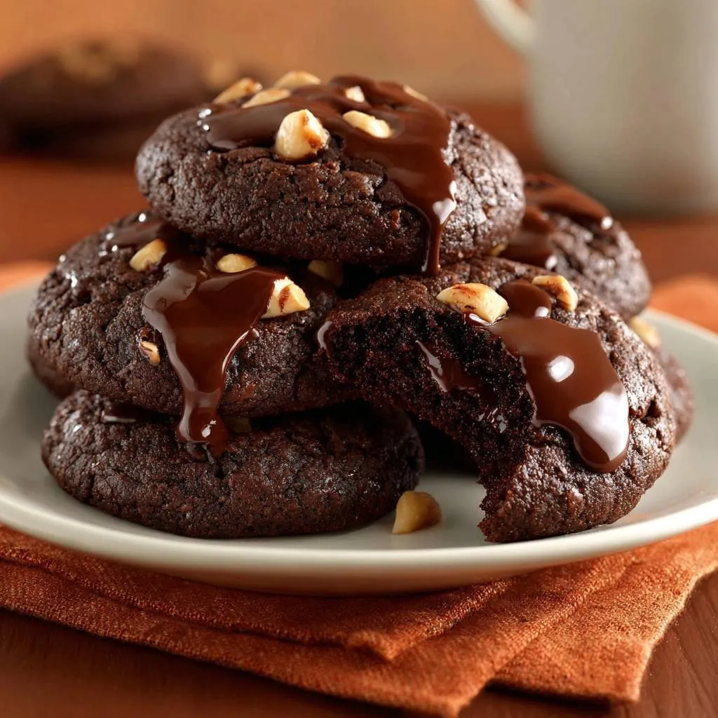 Fudgy chocolate hazelnut cookies recipe showing a close-up cross-section with melted chocolate and chopped hazelnuts.