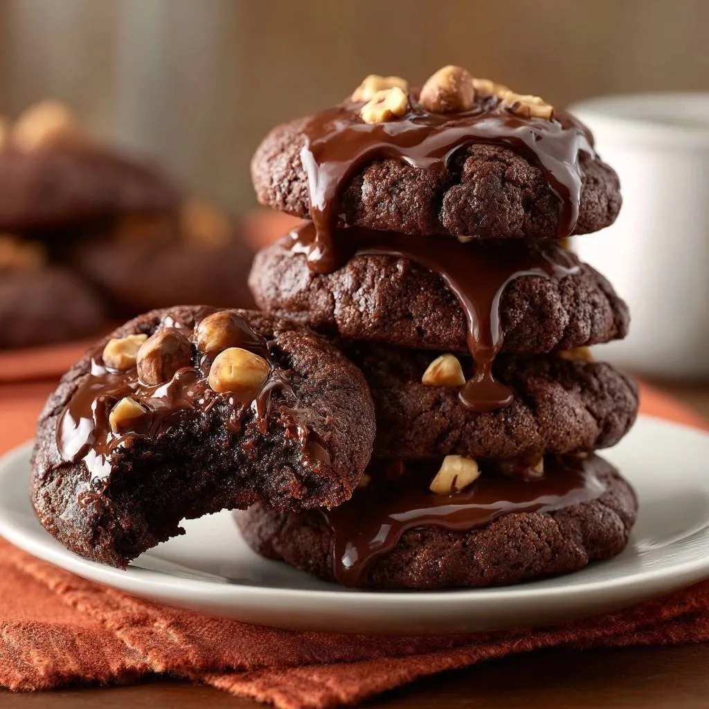 Fudgy chocolate hazelnut cookies recipe, stacked and drizzled with chocolate ganache and topped with hazelnuts.