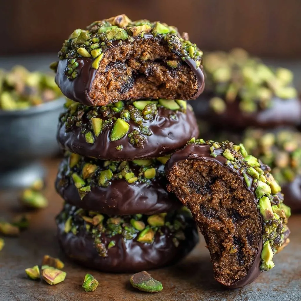 Fudgy chocolate pistachio cookies shown in a close-up cross-section, revealing their dense interior and chocolate chips.