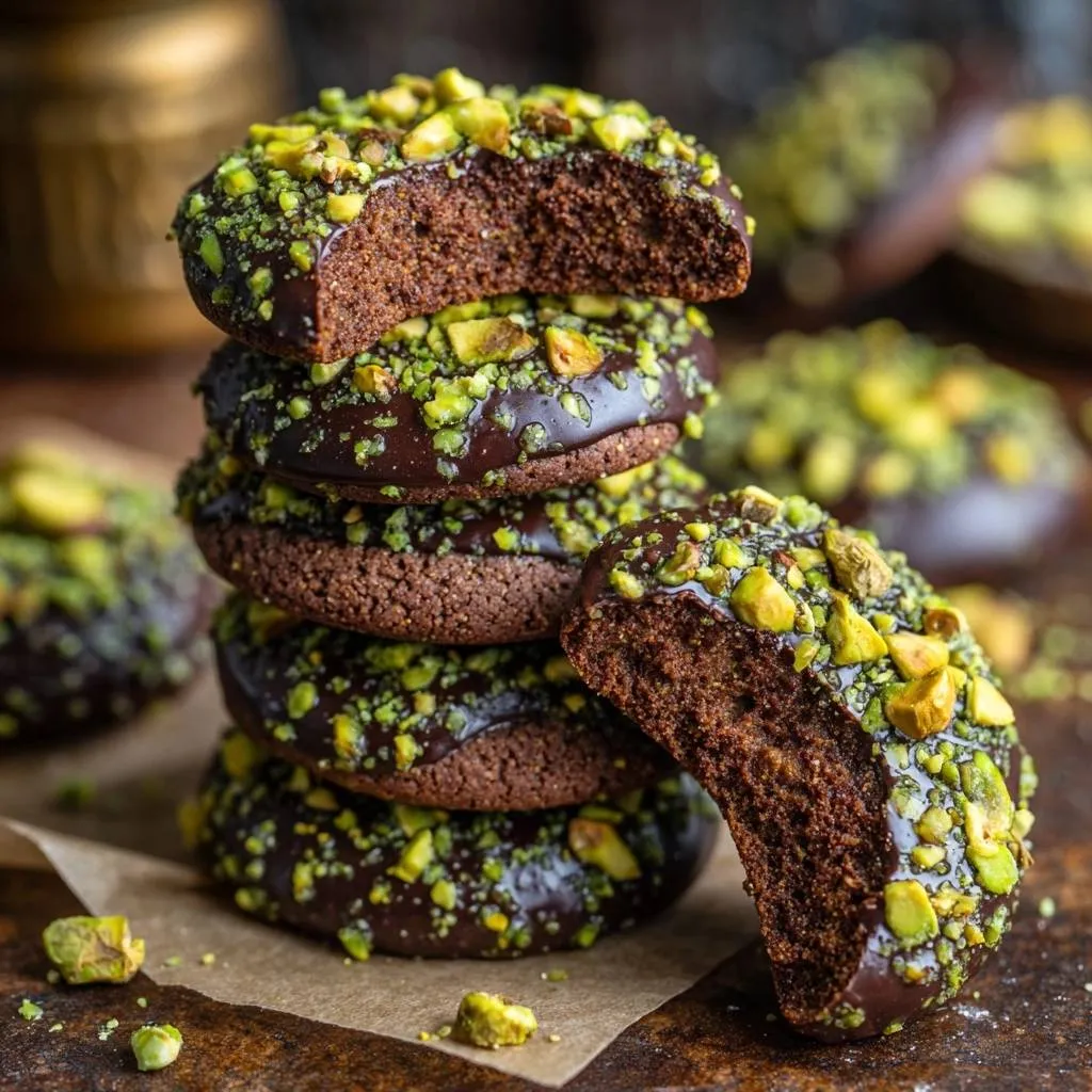 Fudgy chocolate pistachio cookies recipe, showing a close-up cross-section of a stacked cookie with a bite taken out.