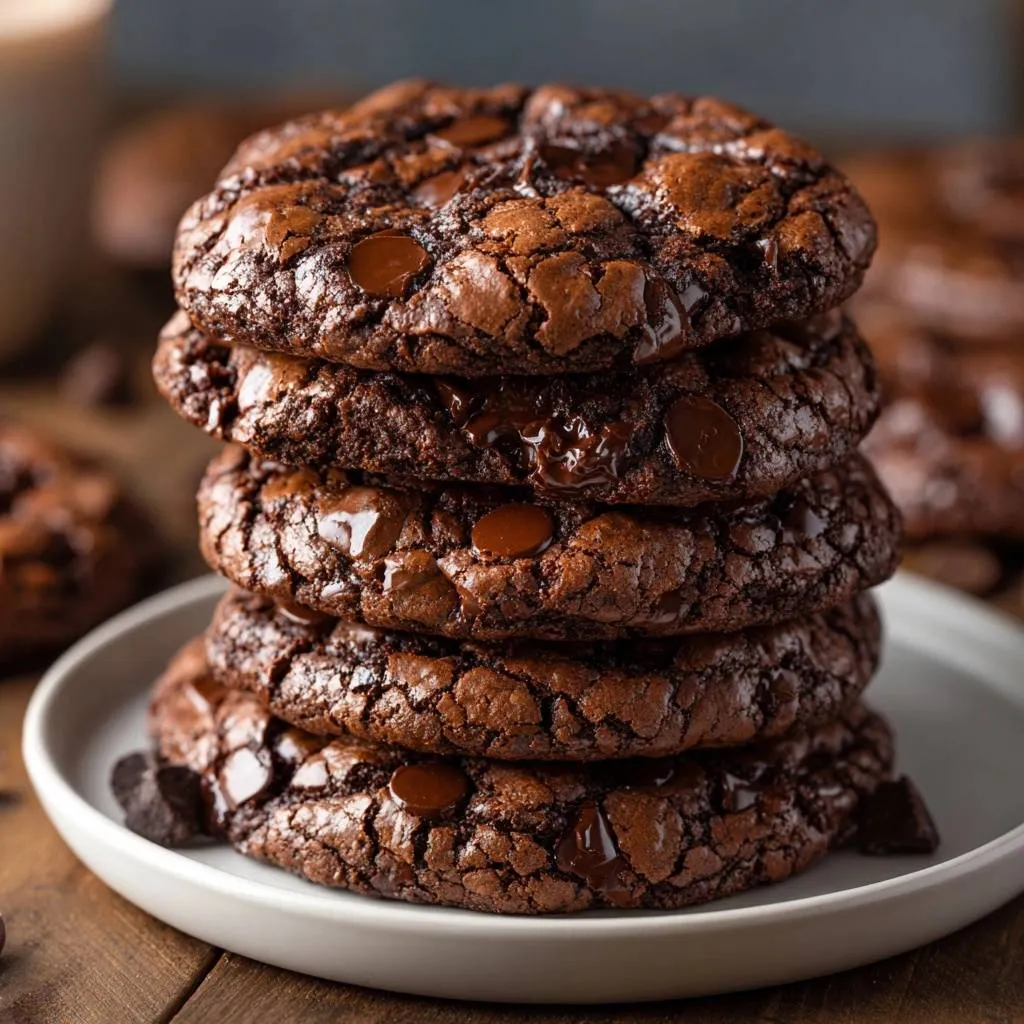Fudgy double chocolate cookies stacked high on a white plate, showing a close-up view of their textured surface and melted chocolate chips.