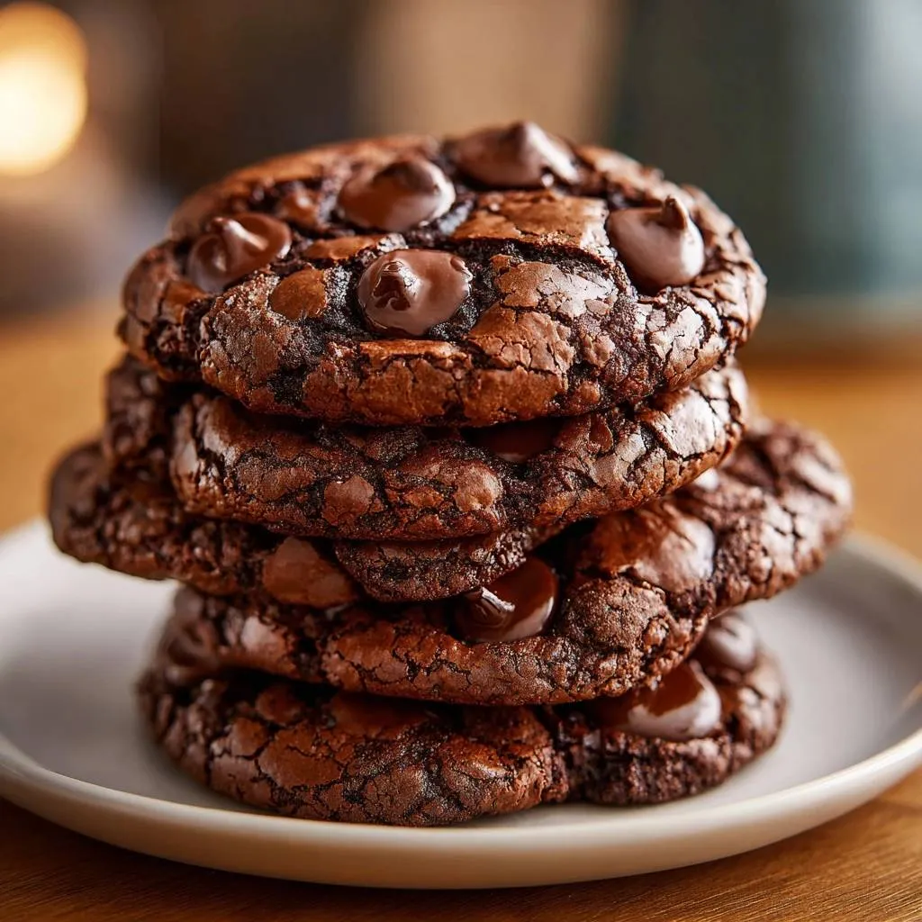 Fudgy double chocolate cookies are stacked high on a white plate, showcasing their rich texture and melty chocolate chips.