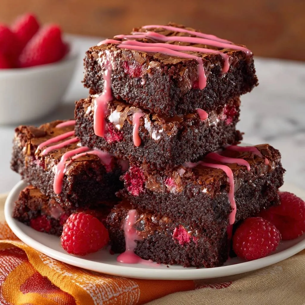 Fudgy raspberry chocolate brownies stacked high on a white plate, drizzled with pink glaze and garnished with fresh raspberries.