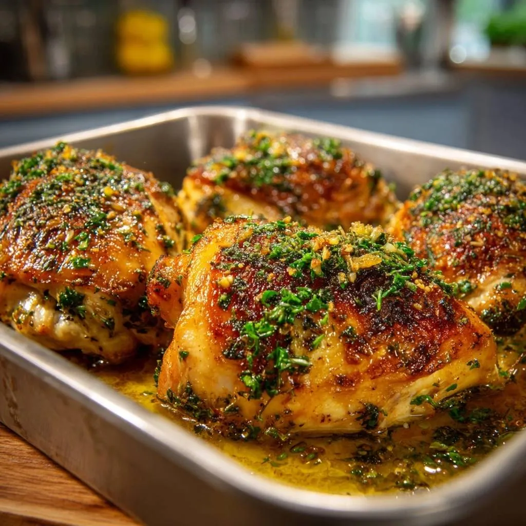 Garlic butter chicken thighs with shatteringly crispy skin, showing a close-up detail of the herb and garlic topping.
