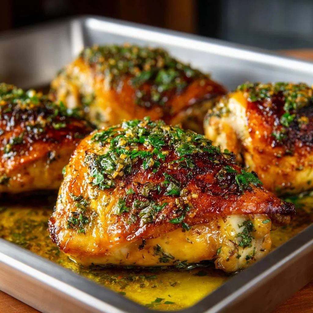 Garlic butter chicken thighs with shatteringly crispy skin glistening in a pan with herbs.
