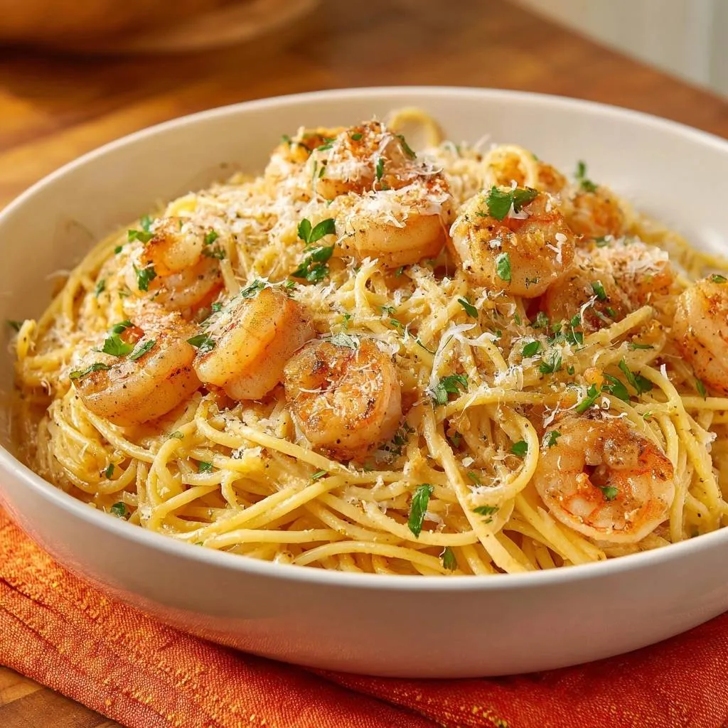Garlic butter shrimp pasta served in a white bowl, showcasing tender shrimp and a generous sprinkle of Parmesan cheese.
