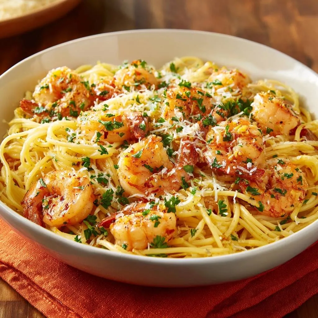 Garlic butter shrimp pasta served in a white bowl, featuring tender shrimp and a sprinkle of parsley and cheese.