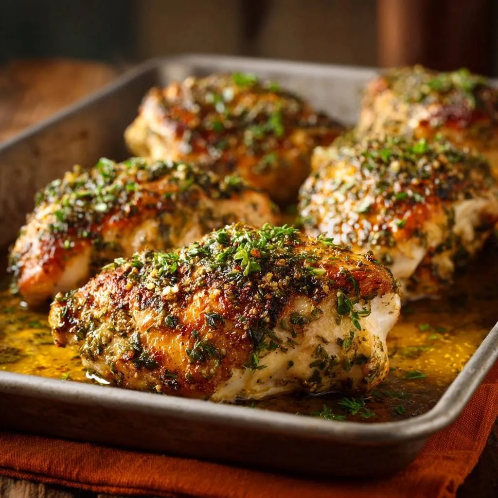 Garlic herb roasted chicken thighs glistening in a roasting pan, close-up view with fresh herbs.