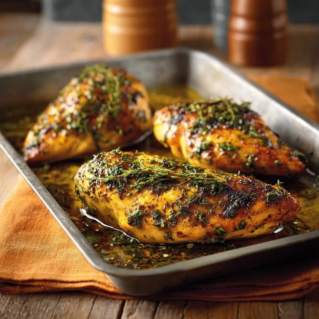 Garlic herb roasted chicken thighs glistening in a roasting pan with fresh herbs.