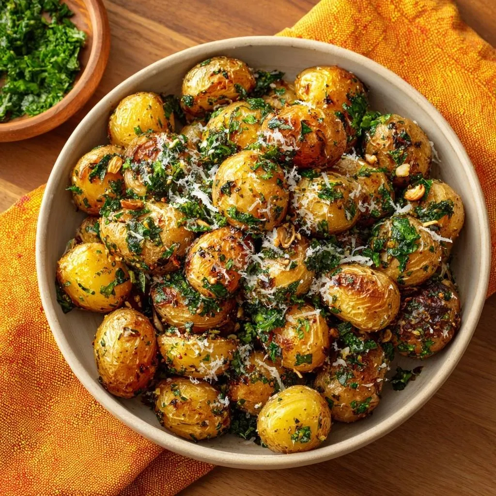 Garlic Parmesan Baby Potatoes served in a bowl, a close-up overhead view with fresh parsley and grated cheese.