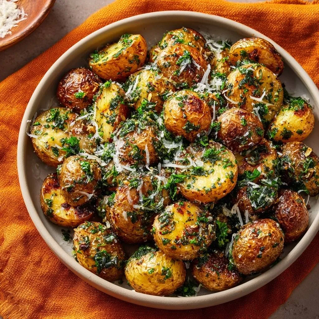 Garlic Parmesan Baby Potatoes are served in a rustic bowl, garnished with fresh parsley and grated cheese.