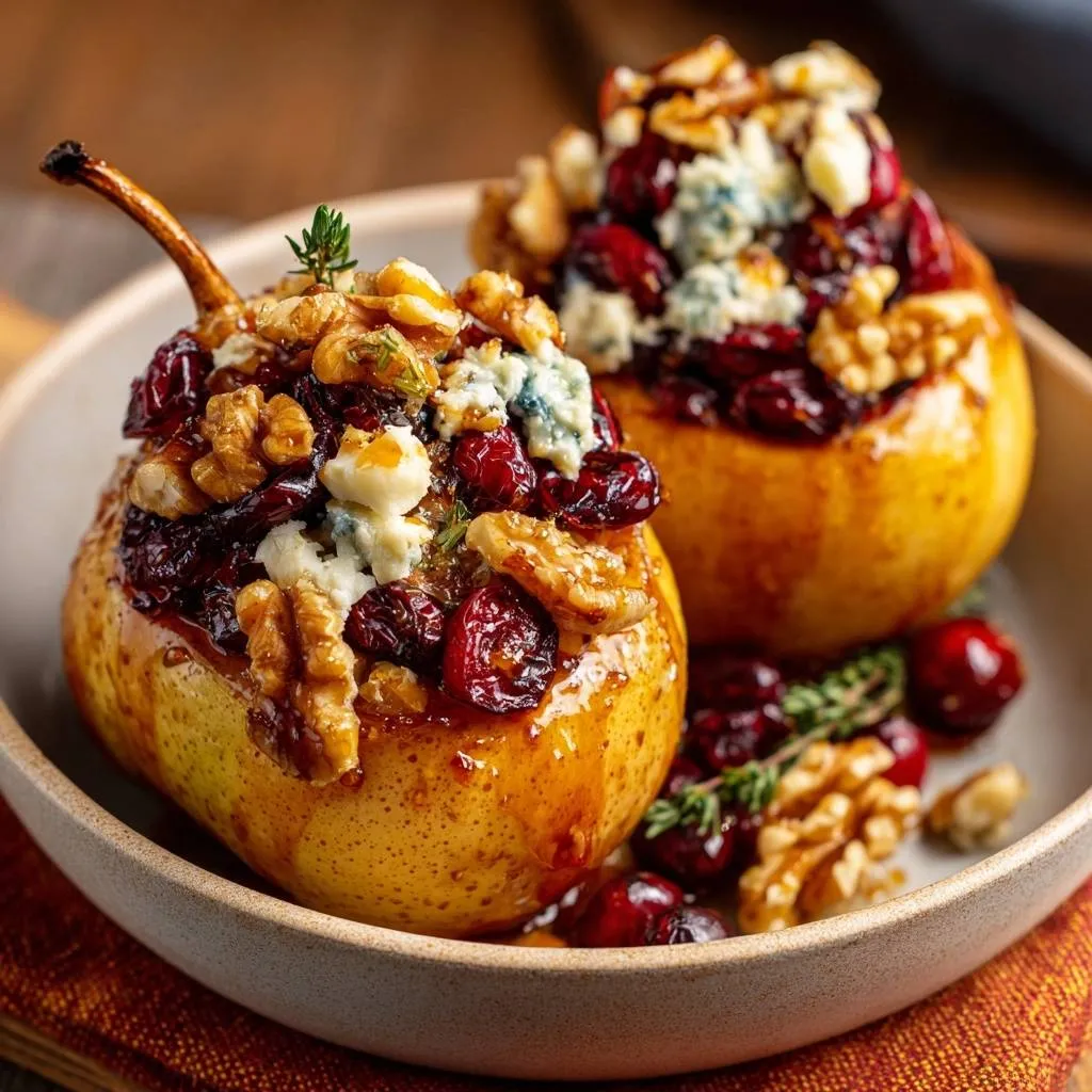 Glazed Baked Pears with Blue Cheese, Walnuts & Cranberries - recipe image