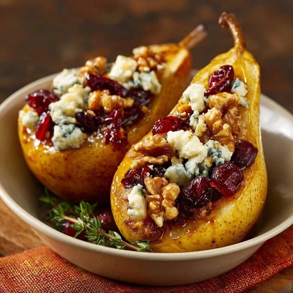 Glazed Baked Pears with Blue Cheese, Walnuts & Cranberries - recipe image