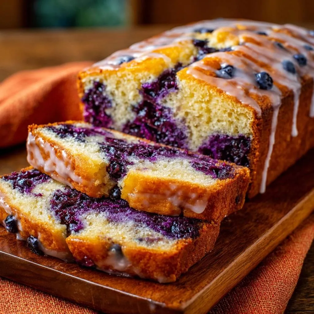 Glazed blueberry loaf sliced to reveal a moist cross-section packed with juicy berries.