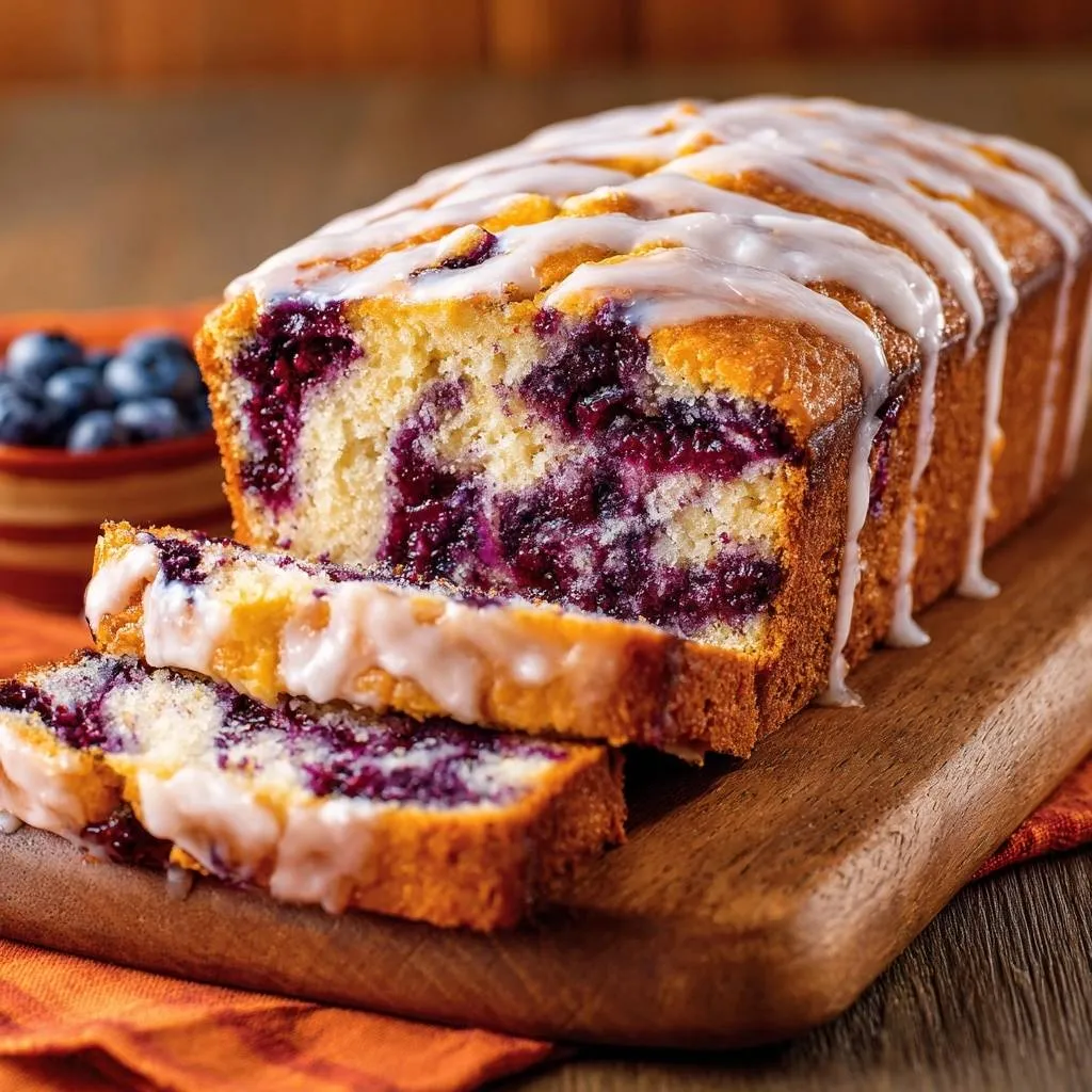 Glazed blueberry loaf with a close-up view of two sliced pieces showing the berry-filled interior.