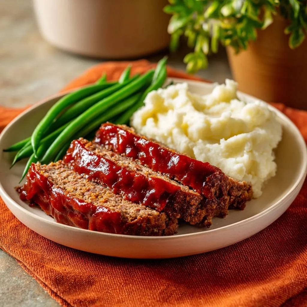 Glazed meatloaf dinner served sliced on a plate with mashed potatoes and green beans.