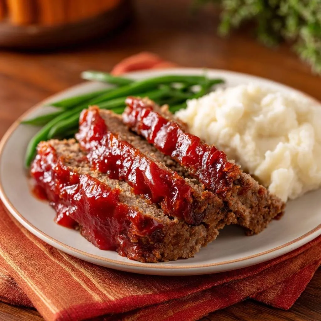 Glazed meatloaf dinner, sliced and plated with mashed potatoes and green beans, showcasing a comforting family meal.