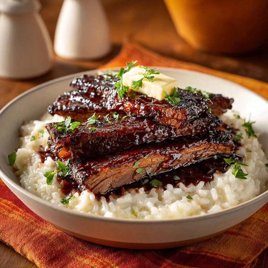 Tender glazed short ribs over buttery rice, with a pat of butter and fresh parsley garnish.