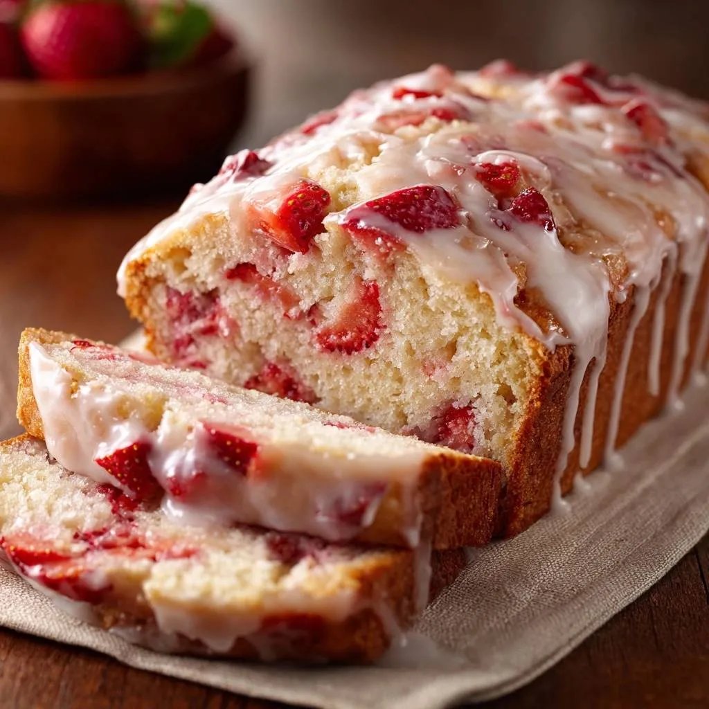 Glazed strawberry bread with moist slices, showcasing the fresh strawberry pieces and white glaze drizzle.