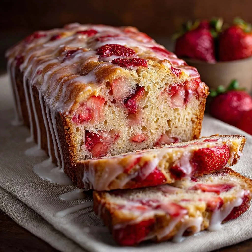Glazed strawberry bread showing moist slices with fresh strawberries embedded throughout the loaf.