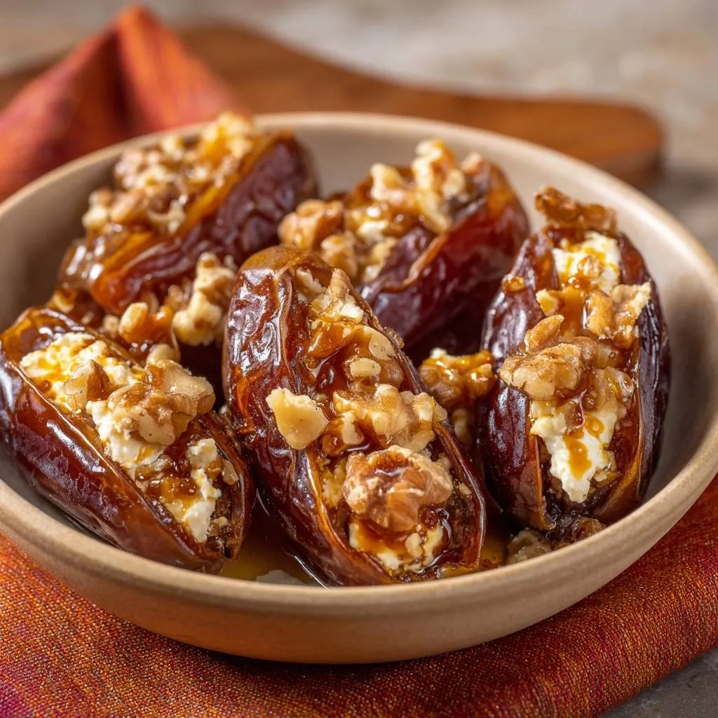 Goat cheese walnut stuffed dates in a bowl, showcasing the creamy filling and crunchy walnuts with a drizzled glaze.