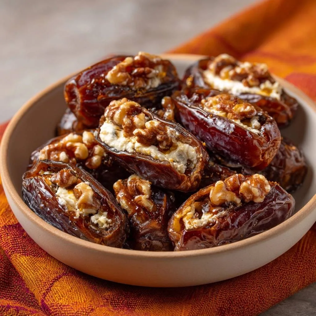 Goat cheese walnut stuffed dates shown in a close-up view revealing their creamy interior and crunchy walnut topping.