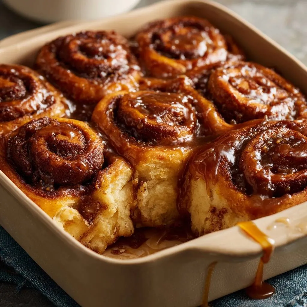 Gooey caramel cinnamon rolls close-up in a baking pan, showing their soft texture and rich glaze.