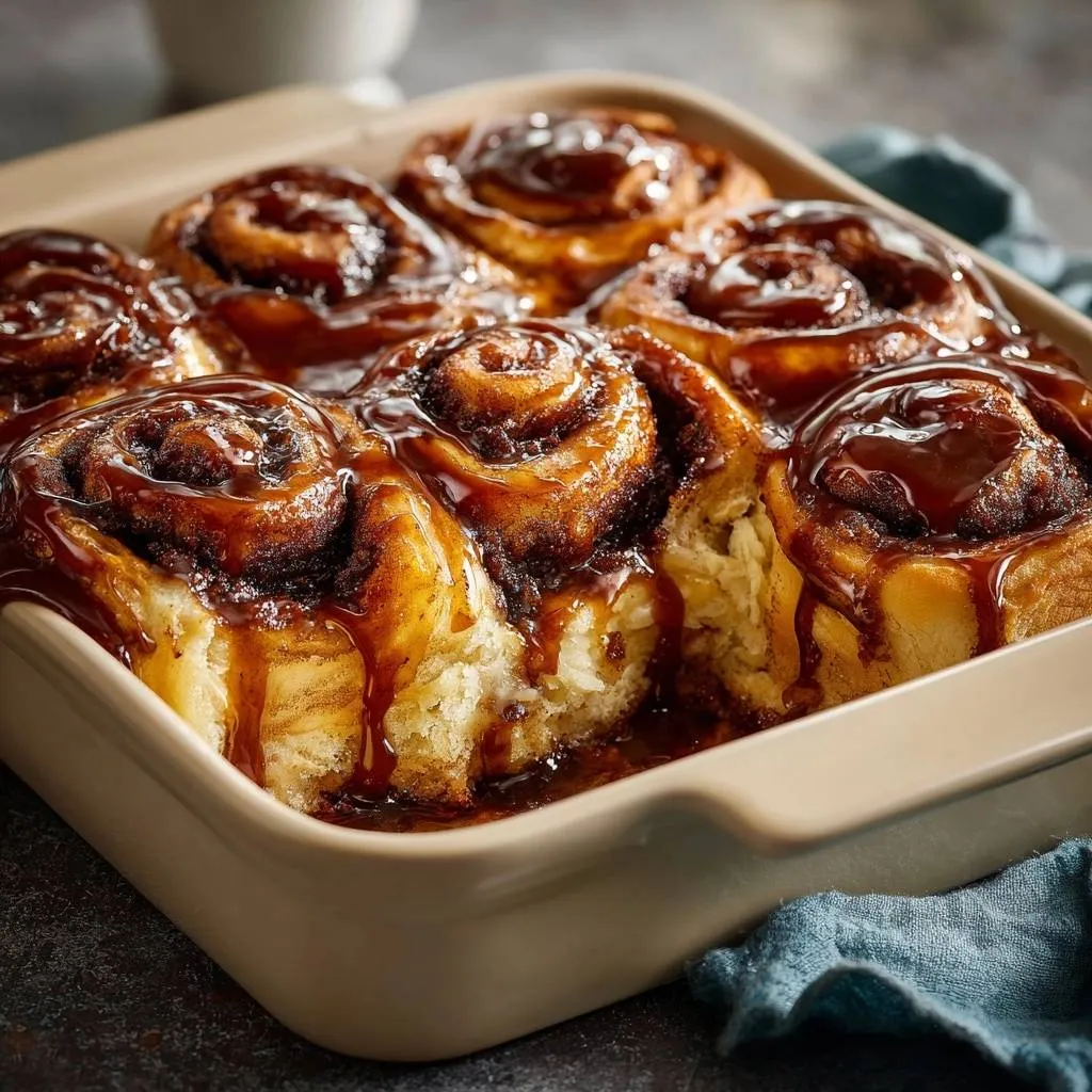 Gooey caramel cinnamon rolls baked in a pan, showing a close-up view of their rich glaze and soft texture.