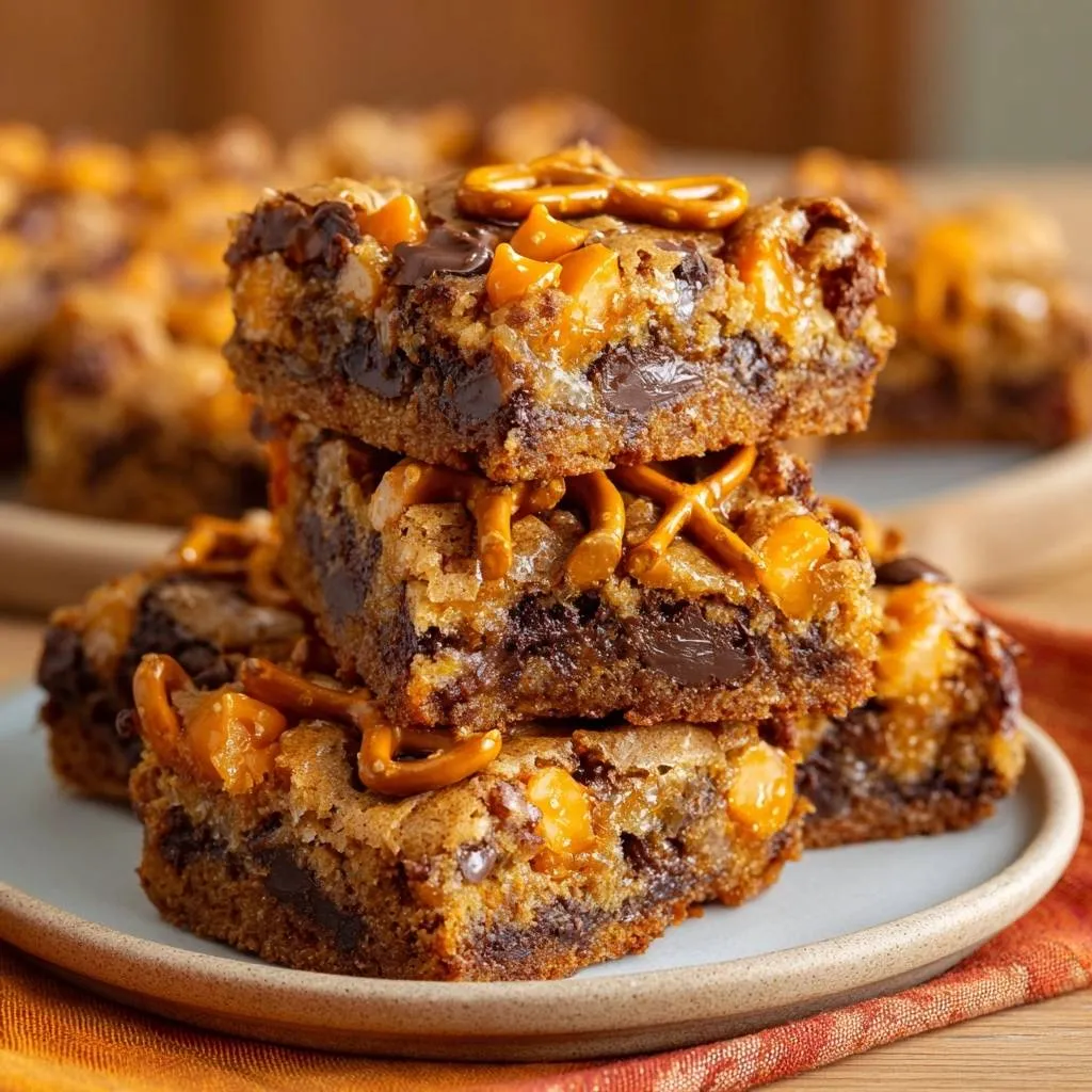 Gooey caramel pretzel blondies stacked high in a close-up view, showcasing their rich chocolate chips and pretzel topping.