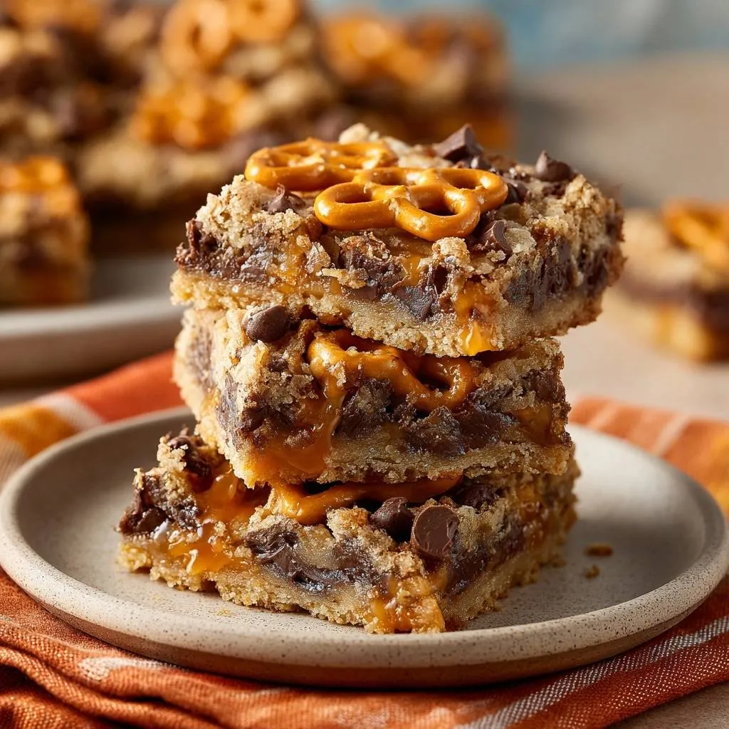 Gooey caramel pretzel blondies shown stacked in a close-up view, highlighting the melted caramel and chocolate chips.