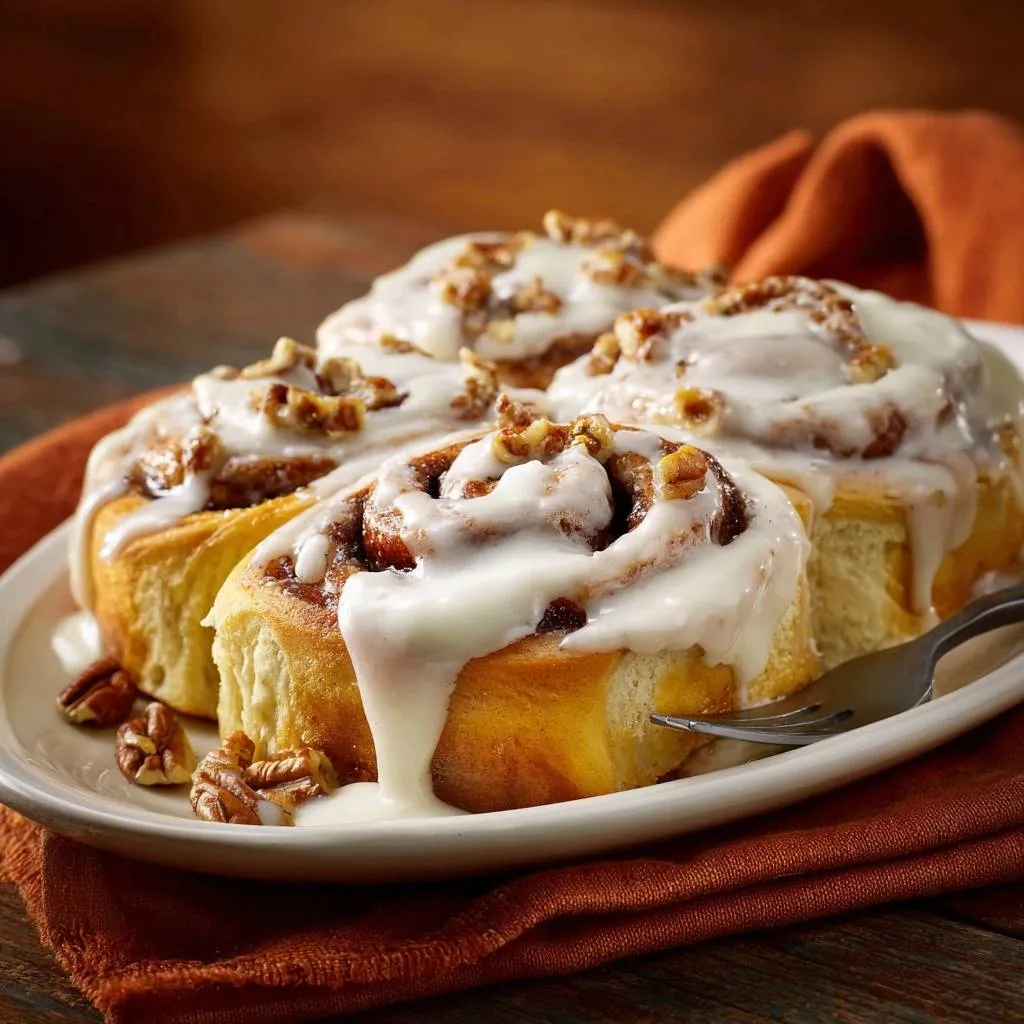 Gooey walnut cinnamon rolls close-up on a plate with a fork, showing the drizzled icing and nuts.